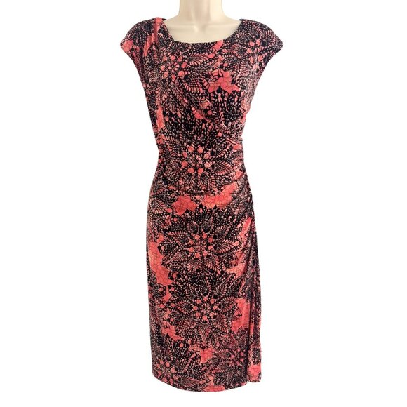 Dressbarn Coral Black Medallion Print Draped Ruched Sheath Dress Size 14 Summer - Picture 1 of 7